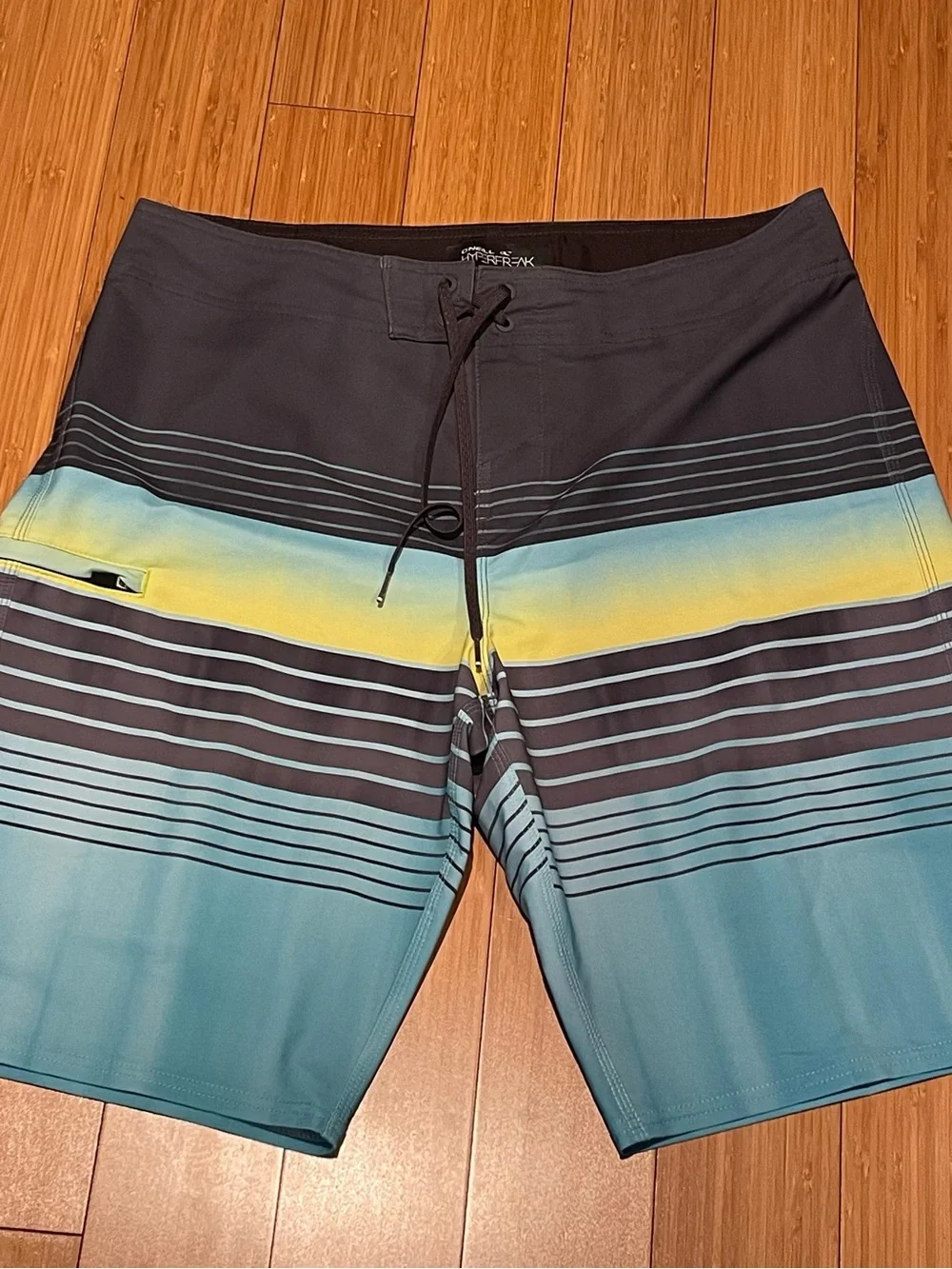 O'Neill Gray, Teal and Yellow Striped Board Shorts
